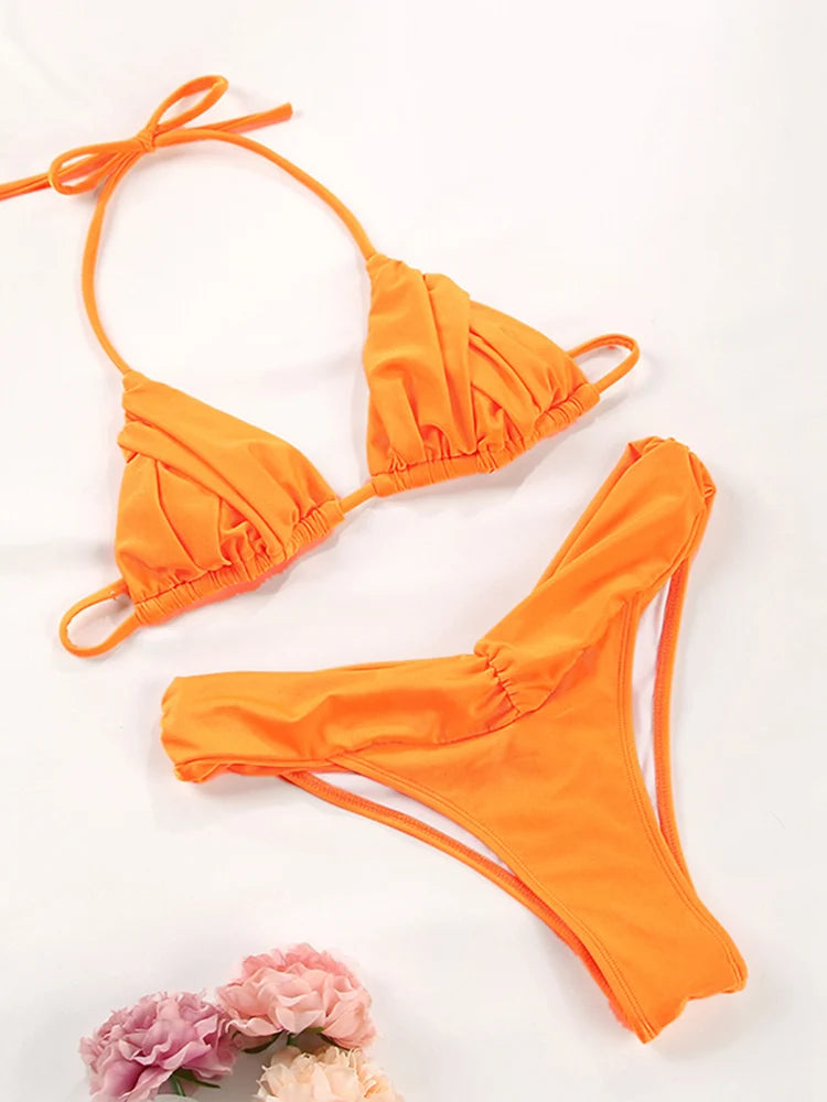 Pleated Brazilian Folds Bikini Set, Sexy Micro Bikinis, 2023 Women Swimsuit, Female Triangle Swimwear, Beach Wear Bathing Suit - 3KDyn